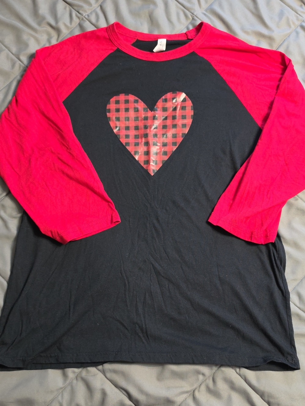 Bella Canvas Black Tee with Red Raglan Sleeves and Buffalo-Check Heart Valentine